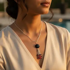 "925 Silver Beaded Onyx & Gemstone Tassel <b>Necklace</b> for Women's <b>Fashion</b>" - Product Image 2