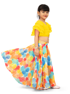 Conjunto de Lehenga Largo con Estampado Digital Multicolor y Volantes de Georgette Amarillo para Niñas, Marca Shoryam, para Fiestas, Todas las Temporadas - Product Image 4