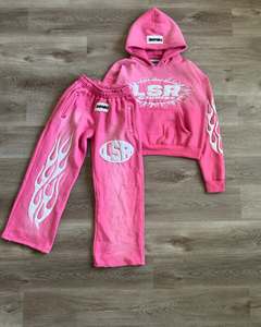 Custom Sun Faded 100% Chaqueta con capucha de algodón Vintage Acid Wash Distressed Patch Sweatsuit Set para el invierno - Product Image 2