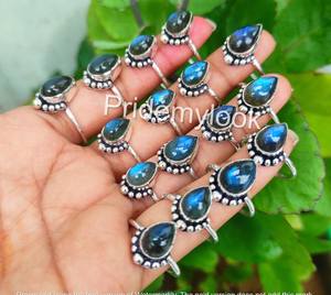 Anillo bohemio de piedras preciosas de labradorita azul, joyería de latón chapada en plata de 18 quilates única, joyería de latón chapada en plata de 18 quilates con estilo para - Product Image 2