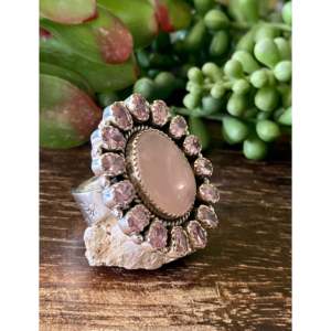 Bague ajustable en argent sterling avec quartz rose et tourmaline, sertie en grappe, taille 9, pour usage quotidien, fabriquée à la main au sud-ouest - Product Image 3
