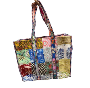 Bolso de mano grande acolchado multicolor de algodón para mujer, bolso de compras reversible bohemio hecho a mano, abierto por dos lados - Product Image 1