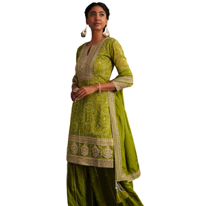 Ensemble palazzo imprimé Bandhani en organza vert Vente en gros de vêtements ethniques pour femmes Fournisseur d'usine OEM Tenue de festival personnalisée Tenue de mode - Product Image 2