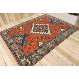Tapis turc vintage en laine de grande taille 6,7x9,3 pieds, design patchwork écologique, rouge et bleu, avec envers en latex - Product Image 1