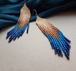 Navy <b>Blue</b> Beaded <b>Earrings</b> Bohemian Seed Bead <b>Earrings</b> Beige Chandelier <b>Earrings</b> Quality Emerald Green Beaded Tassel <b>Earrings</b> - Product Image 2