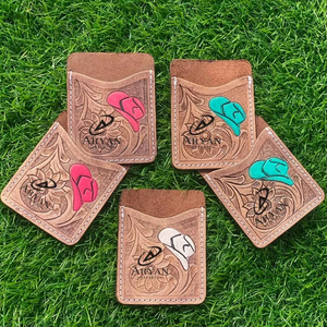 เคสบัตรเครดิตหนังแท้ลายดอกไม้สำหรับผู้หญิงหมวกคาวบอยสีเทอร์ควอยซ์ - Product Image 1