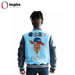 Chaqueta Bomber Varsity Azul Personalizada Unisex, Estilo Formal para Hombre con Parches Bordados, Logos, Mangas de Cuero, 100% Lana, Impermeable - Product Image 4