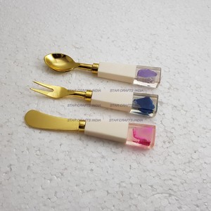 Cubiertos reutilizables creativos de resina y mármol, cubiertos de acero inoxidable chapados en oro, cuchara, tenedor y cuchillo, juego de cubiertos de 3 uds. - Product Image 4