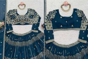 Ensemble Lehenga Choli élégant en soie Jacquard bleu Dove avec broderie Zari et sequins et dupatta élégant en organza pour les fêtes - Product Image 5
