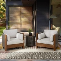 Canapé de loisirs d'extérieur en forme de L avec chaises en rotin Meubles de terrasse de jardin tissés en bois de teck et en rotin pour cour et villa