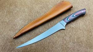 Cuchillo de filetear hecho a mano con hoja de acero D2, mango de madera y funda de cuero, cuchillo para exteriores - Product Image 4