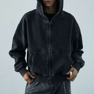 Veste à capuche délavée style court personnalisée 350GSM 100% coton éponge française lavage à l'acide fermeture éclair brodée écologique hommes - Product Image 2