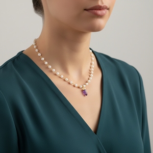 Amethyst Spike Shape White Agate Sterling Silver <b>Gold</b> Plated Freshwater Pearl Rosary Beads <b>Necklace</b> for Wedding Parties & Gift - Product Image 4