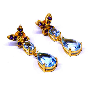 À la mode en argent sterling 925 plaqué or améthyste bleu topaze pierres précieuses fête porter dames boucles d'oreilles goutte - Product Image 1