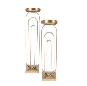 Portavelas de pedestal dorado de lujo con marco de bucle ovalado alargado y acento escultórico superior circular para decoración de bodas y hogares - Product Image 1