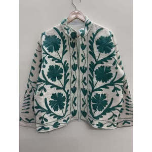 Veste chic en khadi brodée motif floral vert sarcelle, tissée à la main en coton ivoire et vert sarcelle pour le printemps - Produit fini - Product Image 5