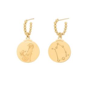 Pendientes Ziio con dijes del zodiaco chapados en oro, colgante redondo de acero de 12 quilates, diseño de aro con cuentas para mujer, joyería - Product Image 1