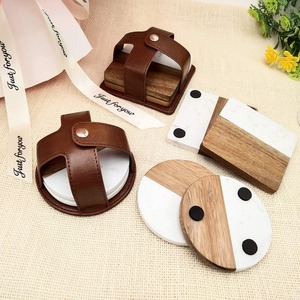 Sous-verres classiques en marbre avec incrustation de pierre de qualité supérieure Conception ronde écologique Diamètre personnalisé Emballage personnalisé Couverture en cuir - Product Image 3