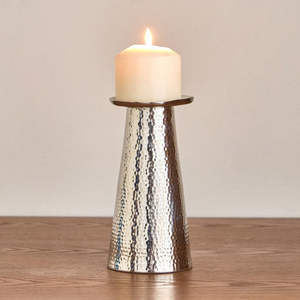 2026 Ramadan Home Tabletop Decorations Hammered Design Silver Glossy Taper Metal <b>Candlestick</b> <b>Holder</b> - Product Image 5