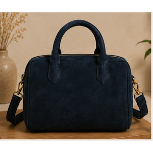 Modern <b>Navy</b> Blue Cow Suede Handbag for Women-Genuine Suede Leather <b>Tote</b> Shoulder <b>Bag</b> with Zipper Closure Pillow Pattern - Product Image 1