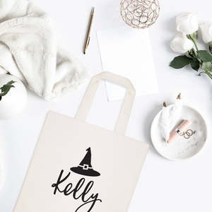 Personalized Name Open Closure Solid Color Witch Cotton Canvas Tote Bag - Product Image 3