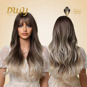 Perruque synthétique sans colle Josely-DWY pour femme, fabriquée à la machine, style ombré, longue et ondulée, avec frange droite, brun foncé et blond clair - Product Image 2