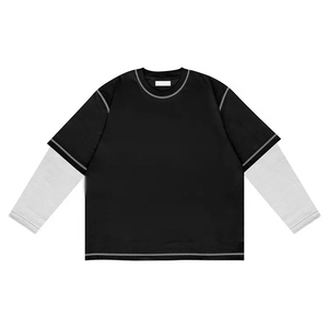 Custom <b>Black</b> Double Layer <b>Shirts</b> Vintage Washed Mock Neck Oversized Long Sleeve Blank Cropped <b>T</b>-<b>shirts</b> With Front Pocket - Product Image 5
