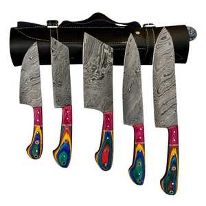 Custom Hand Forged Damascus Steel 5 Pcs Chef Knife Kitchen Set With Pakka Wood Handle and <b>Leather</b> Bag - Product Image 6