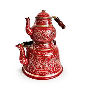 Service à thé en cuivre rouge artisanal classique arabe élégant de style anatolien Erzincan pour 10 personnes - Product Image 4