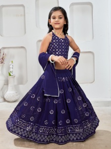 Conjunto de Lehenga Choli Shoryam para Niñas, Azul Marino, con Lentejuelas, Completamente Cosido, Largo hasta el Suelo, con Dupatta, Ropa Étnica para Fiestas y Bodas | - Product Image 4