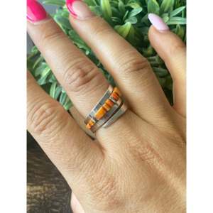 Patricia & Ed Becenti Handmade Spiny Oyster & Sterling Silver Cobblestone <b>Adjustable</b> <b>Ring</b> Size 8.5 Everyday Wear Coral Jewelry - Product Image 2