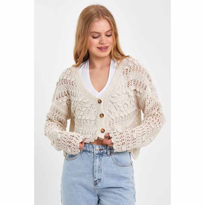 Buttoned Openwork Women's Cardigan Beige