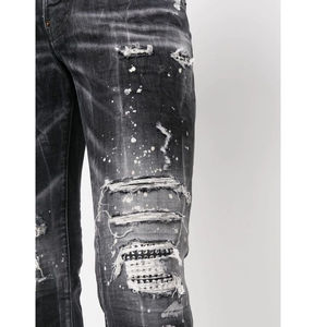 Jean Slim pour Homme avec 5 Poches et Peintures, Couleur Noir, Coton Denim Déchiré, Braguette Droite et Boutons - Product Image 5
