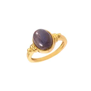 925纯银镀金天然紫色拉布拉多设计师戒指嵌框镶嵌凸圆形戒指来自印度