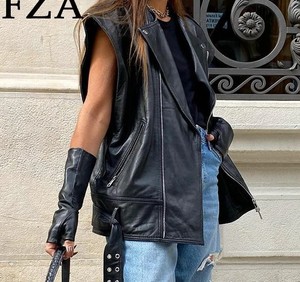 Chaleco de Moda Hip Hop para Mujer, Chaleco de Cuero Auténtico con Cremallera, Fabricante Mayorista, Chalecos de Diseño Elegante para Mujer - Product Image 3