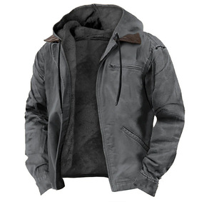 Chaqueta de Invierno para Hombre, Talla Grande, con Capucha, Forro Polar, Bolsillos con Cremallera, Chaqueta Informal de Lona, con Logotipo Personalizado Bordado OEM - Product Image 5