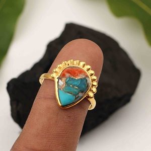 Amazing Spiny Oyster Copper Turquoise Ring 925 Sterling <b>Silver</b> 10x14mm Pear Shape Gold Plated Eternity Vermeil Bohemian Jewelry - Product Image 3