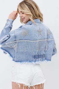 Veste en jean déchirée pour femme, veste en jean courte avec ourlet effiloché et déchiré, lavage clair, vêtement d'extérieur surdimensionné, style streetwear - Product Image 6