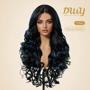 DWY 26-Inch Long <b>Black</b> Wavy <b>Wig</b> with Blue Highlights Synthetic Heat-Resistant Curly Daily Wear for Parties Transparent Lace - Product Image 2