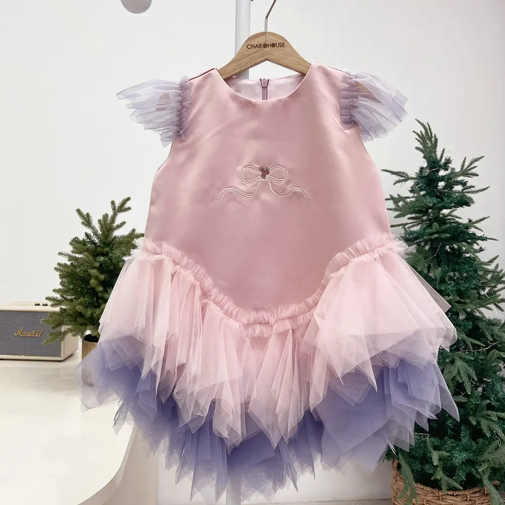 Multi Layer Mix Color Taffeta Pink Short Dress Straight Machine Embroidery Knot Vintage Summer 2024 Style Short Sleeves-Moana