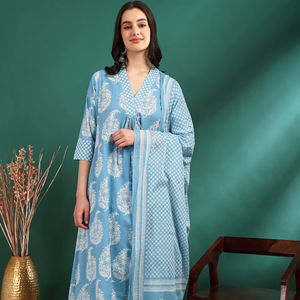 Kurta en coton pour femmes, imprimé Buta, coupe A, avec pantalon à bas élastique et dupatta, longueur mollet, col en V, manches trois quarts, bleu - Product Image 1