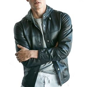 Veste en cuir véritable noir pour homme de style motard classique avec col montant et détails embossés, fermetures éclair de qualité supérieure, veste pour homme - Product Image 2