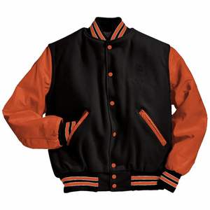 Letterman Baseball School College Varsity Jacket Bleu royal Laine et cuir de vachette orange Manches DDP Shipping - Product Image 1