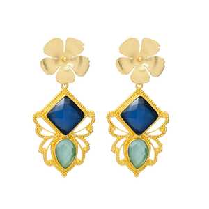 Nouvel arrivage Ensemble de boucles d'oreilles longues en plaqué or, belle fleur authentique, saphir hydro et Aqua chaceldony, pierres précieuses - Product Image 1