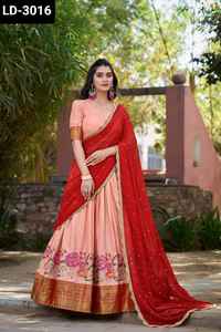 Indian Ethnic Wear South Indian Wedding Wear Cotton <b>Silk</b> Lehenga Choli with <b>Thread</b> Embroidery Work and Georgette Dupatta Set - Product Image 4