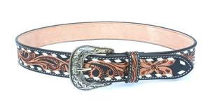 Ceinture en cuir de vachette bicolore style western vintage avec motif floral sculpté à la main et broche en acier imprimée par transfert thermique - Product Image 3