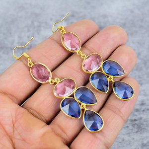 Rose Kunzite & Tanzanite Quartz Gemstone Dangle Drop Boucle D'oreille En Argent Sterling 925 Plaqué Or Boucle D'oreille Ovale Poire Boucle D'oreille De Mariage - Product Image 4