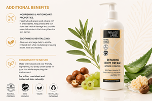 Crème réparatrice pour le corps en marque privée 300ml OEM |   Crème hydratante et nourrissante pour peaux sèches |   Végétalien Biologique |   Fabriqué en Espagne UE - Product Image 3