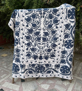 Suzani Cotton Bedcover Hand Embroidered Wall Hanging Suzani Wall Hanging Antique <b>Quilt</b> Floral Twin <b>Blanket</b> - Product Image 5