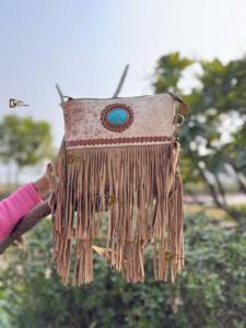 Sac à main en cuir de vachette à franges, pierre turquoise, sac bandoulière, multi-usages, sacs élégants, style bohème, sac à franges élégant - Product Image 3